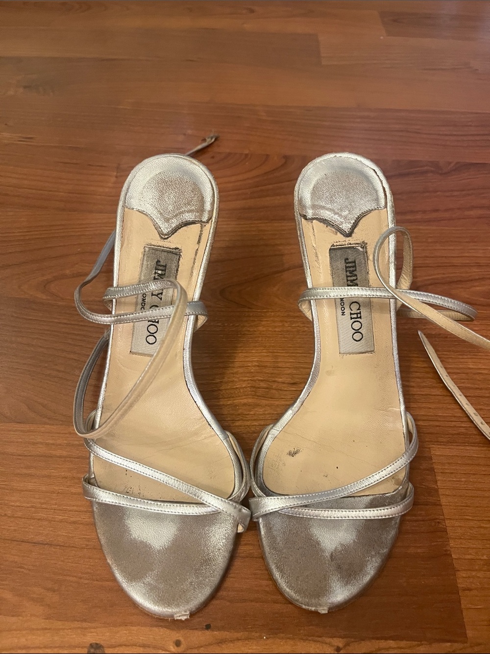 Vintage Jimmy Choo Metallic Silver Open-Toe Strappy Heels